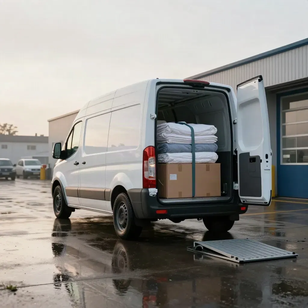 White cargo van at a wet UK depot, side door open with packed moving gear and rain reflections.