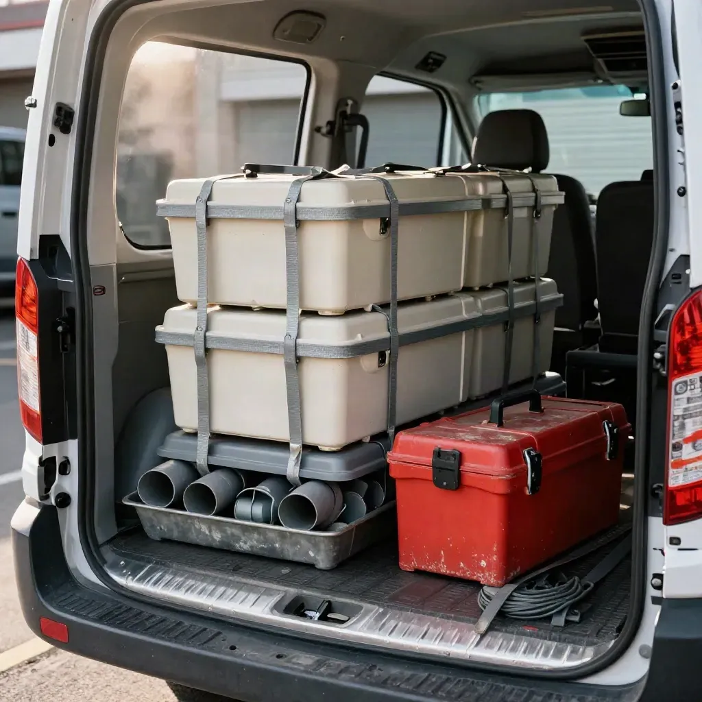 Loaded van cargo bay with plumbing boxes, pipe trays, toolbox and strapped parts bin at a depot