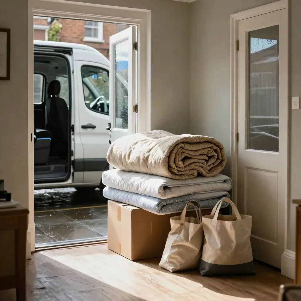 Empty South London flat move with boxes, blanket and open van by a terrace doorway after rain.