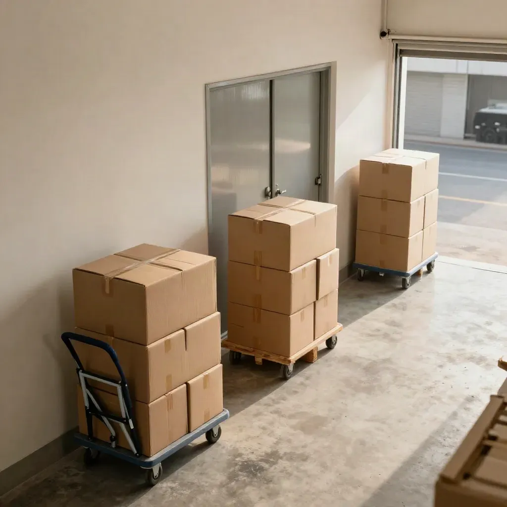 Three sealed box stacks in a Leeds service corridor beside a folded trolley.