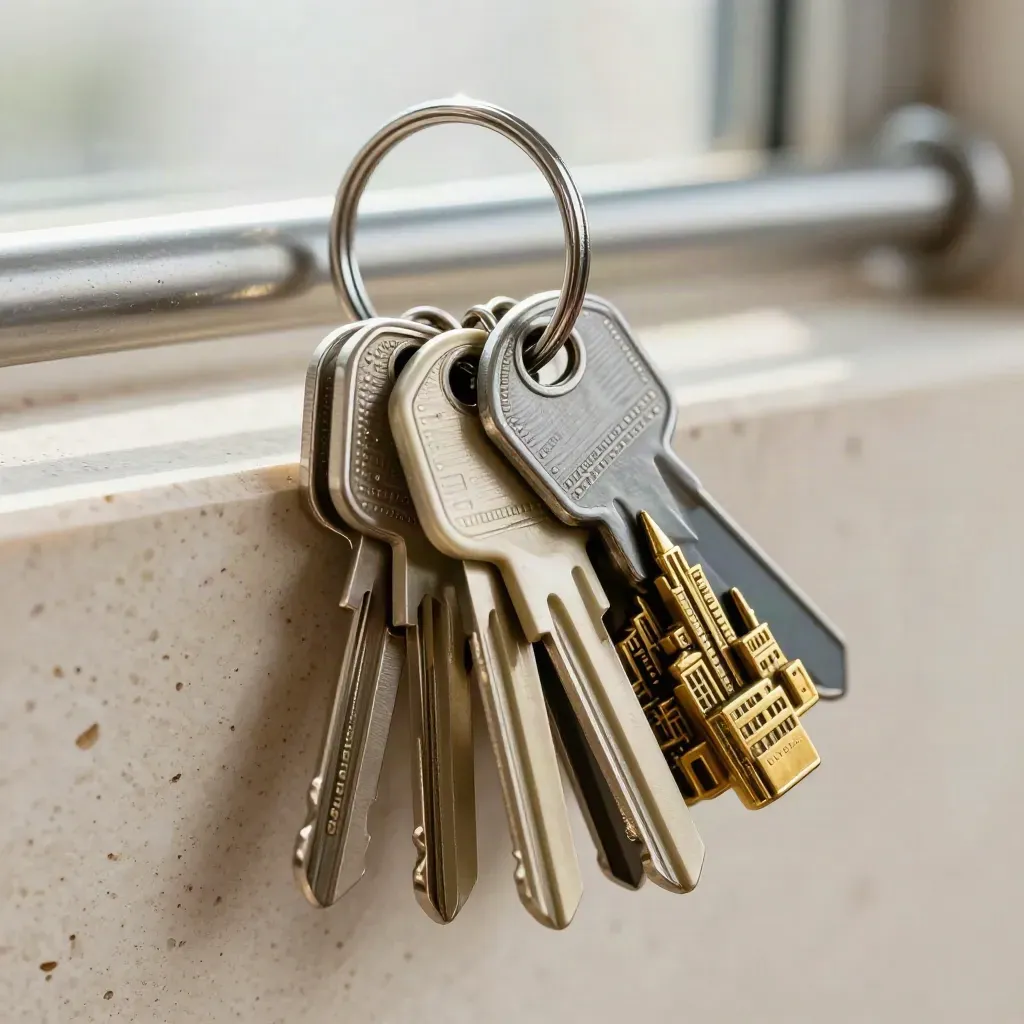 Macro of van keys, fleet tags and brass city pins on a metal board