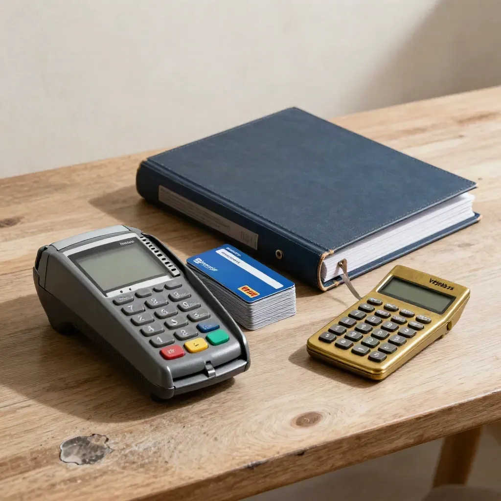 Payment terminal, fuel cards, binder and brass desk tool on an oak surface